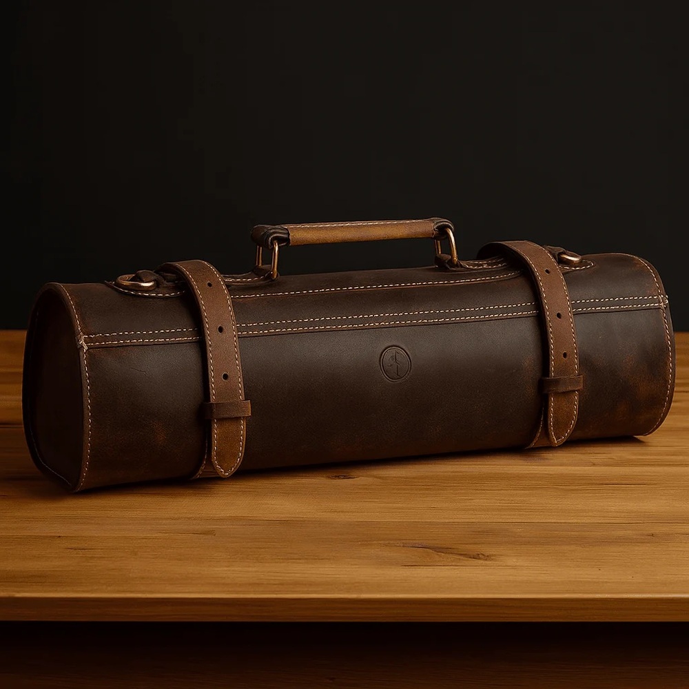 Aaron Leather Goods Brown Leather Knife Roll, 10 Slots, Zippered Pocket